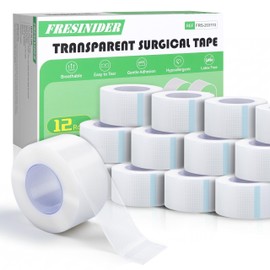 FRESINIDER Soft Transparent Surgical Medical Tape 12 Rolls, 1” x 10 Yards, Hypoallergenic & Latex-Free Clear for Sensitive Skin, Breathable & Easy Tear for Wound Care, Dressing Fixation & First Aid
