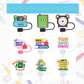 9 Pcs Teacher Straw Cover Caps Cute Straws Lid Covers for 30 and 40oz Tumblers 10mm Back to School Straws Toppers Durable Silicone Dust Proof Drinking Straw Tip Lids Protectors