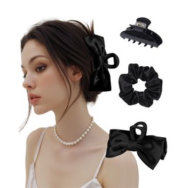 Molans 3PCS Hair Clips Set for Women - Satin Bow Hair Claws, Acrylic Non-Slip Jaw Hair Clamps and Fashion Scrunchies Elastic Hair Bands