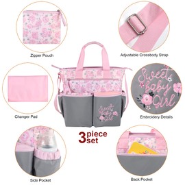 Crossbody Floral Pink Diaper Bag Tote with Changing Station for Baby Girl, 3 Piece Diaper Bag Set (Flowers)