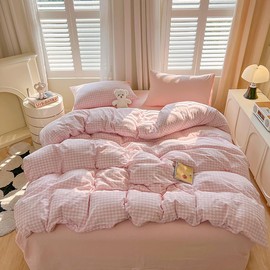 Covebett Bed Linen 155 x 220 cm Checked Pink White Checked Pattern Modern Duvet Cover Set Country House Style Geometric Check Pattern Renforce Washed Microfibre Duvet Cover and Pillowcase 80 x 80 cm Zip