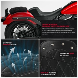 DREAMIZER Motorcycle Leather Pillion Situpad with 8 Suction Cups Leather Rear Pillion Seat Cushion Compatible with Harley Bobber Sportster Softail Touring XL 883 1200 Cruiser Custom (Black Diamond