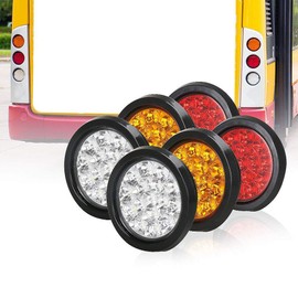 4" Round Led Tail lights with Rubber Grommet 2Amber+2Red+2White 12/24V 16-LED Waterproof Brake/Stop/Turn Tail Marker light for RV Trucks Trailer(Set Of 6)