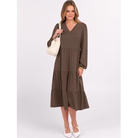 ANRABESS Women's Long Lantern Sleeve Floral Midi Dresses 2025 Fall V Neck Casual Flowy A-line Tiered Boho Vacation Long Dress Coffee Small