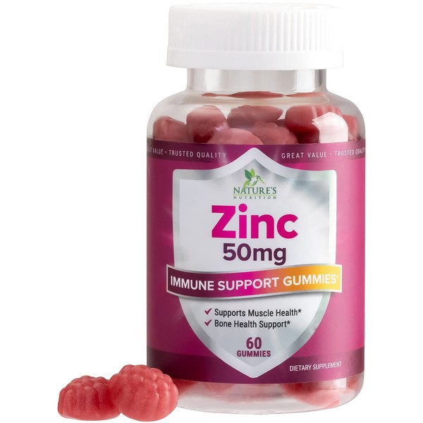 Zinc Gummies 50mg Extra Strength Immune Support & Antioxidant Supplement, Delicious Natural Flavor Gummy, Vegan, Gluten & GMO-Free, Chewable Vitamin, for Adults & Kids - 60 Gummies