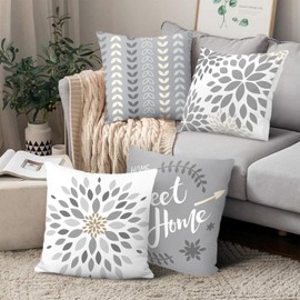 Joymaison Modern Geometric Flower Cushion Covers 45 x 45 Pack of 4 Minimalist Floral Home Sweet Home Square Throw Pillow Case Decorative Sofa Cushion with Invisible Zipper