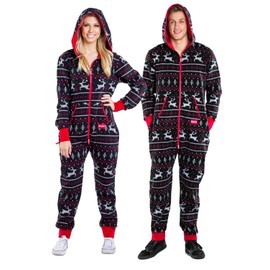 Tipsy Elves Black and Red Fair Isle Reindeer Cozy Ugly Christmas Sweater Jumpsuit for Men Size X-Large