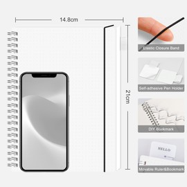 RETTACY Notebook A5 Bullet Dot Journals for Women, Grid Wirebound Spiral Notebook 160 Pages for Writing,PVC Pocket,Pen Loop,Bookmark, for Note Taking School Office Supplies,14.5 x 20.7cm- Transparent