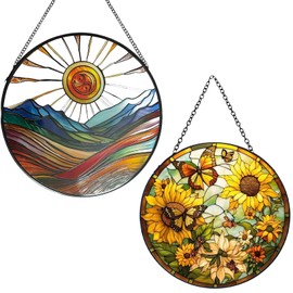 2Pcs Stained Window Hanging Sun Catcher Panel Boho Wall Art Decor with Chain, Hand Painted Round Gifts for Couples, Housewarming Gift
