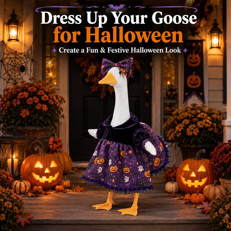 Halloween Porch Goose Outfits, Purple Pumpkin Goose Dress