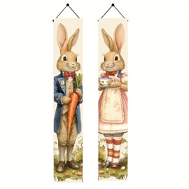 Starlit Patio 2 Pieces Happy Easter Bunny Porch Banner Sign Cute Bunny and Eggs Door Banner Spring Porch Banner for Wall Front Door Decor Front Door Outside Yard Garden Party Supplies 78x12 inch