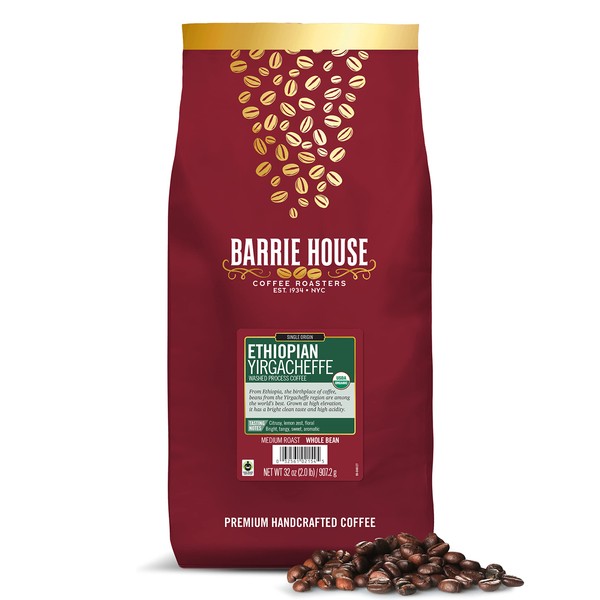 Barrie House Ethiopian Yirgacheffe Single Origin Whole Bean Coffee, 2 lb Bag | Fair Trade Organic Certified |Medium Roast | High Acidity and Clean Finish | 100% Arabica Coffee Beans