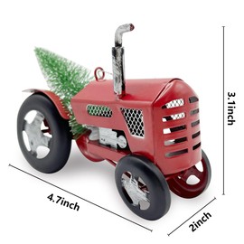 HPQ 4PCS Vintage Red Tractor with Mini Christmas Trees Ornament, Metal Christmas Decorative Hanging Ornament,Handmade Retro Farm Tractor Trailer Model Ornaments for Christmas Decoration