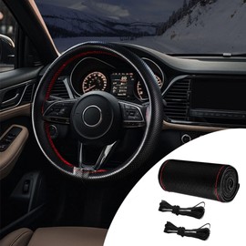 PACLVIO Genuine Leather Steering Wheel Cover, DIY Sewing Steering Wheel Protector, Breathable Anti-Slip Stitch On Wrap, Universal for Max Diameter 15Inch, DIY Sewing with Needle Thread