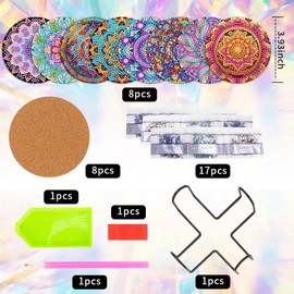 SOEWIOU Diamond Painting Coasters with Holder,8 Pcs Mandala Diamond Art Coasters 5D DIY Art Coasters Kits Round Full Drill Diamond Art Craft Supplies for Adults Kids,Beginners
