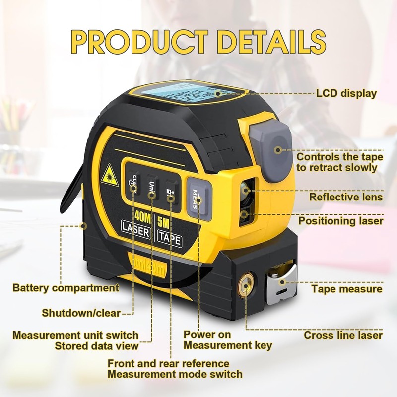 Chamgeco Almighty Ruler Laser Rangefinder, 3-in-1 Infrared Laser Tape Measure,
