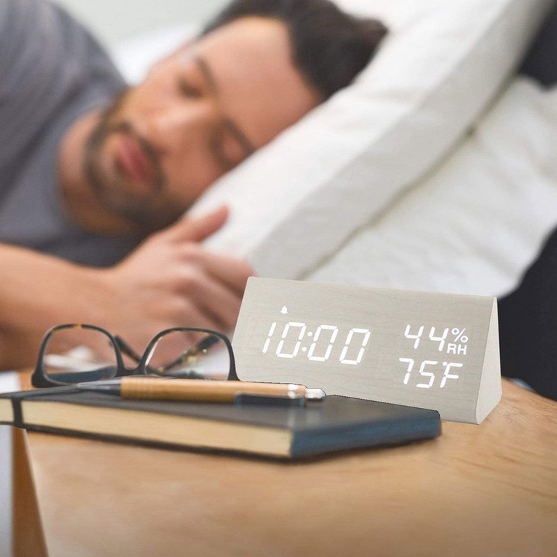 Digital Alarm Clock LED Display Sound Control Temperature Humidity Wood