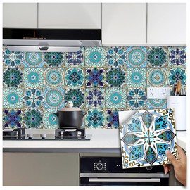 24pcs Moroccan Tile Stickers 15x15cm Blue Bathroom Tile Stickers for Kitchen Transfers Cover Stick On Wall Peel and Stick Tile Decals Waterproof 6"x6"