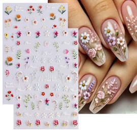 Flower Nail Stickers for Nail Art Set - Flowers Nail Stickers Summer Floral 5D Embossed Nail Decals Colorful Wildflower Petals Leaf Plant Small Daisy Designs Flower Nails for Sticker Manicure Decor