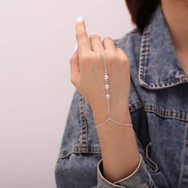 Bomine Crystal Finger Bracelets Ring Hand Chain Beach Slave Bracelet Jewelry for Women(Silver)