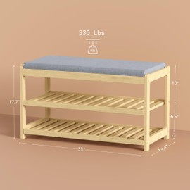 LOUCIORA Shoe Bench Entryway, 100% Solid Solid Wood Shoe Rack Bench with Storage and Cushion Padded Seat, 3-Tier Shoe Organizer for Hallway Living Room, Mudrooms, Natural