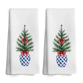 TAEDIN Christmas Chinoiserie Decor Kitchen Towels Xmas Holiday Dish Towel 16x24 Inches, Blue and White Chinese Vase Decorative Absorbent Dishcloths Tea Towels Set of 2 for Kitchen Bar Cart Decor