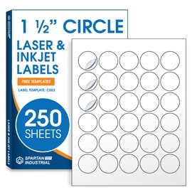 1.5" Circle Printable Labels Compatible with Inkjet and Laser Printers - 250 Sheets, 7500 Matte White Round Stickers for Pricing, Product Labeling, and Custom Tags - Spartan Industrial