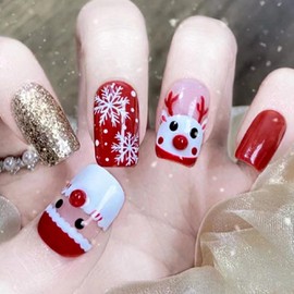 Christmas Press On Nails Medium, Christmas Nails Glue On，24Pcs Christmas Fake Nails With Glue, Red with Glitter Christmas Nails Press On With Snowflake and ElkDesign Stick On Nails for Women