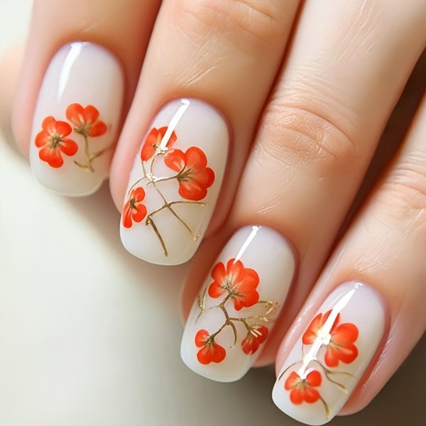 Medium Press on Nails Square False Nails with Red Flower