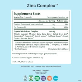 PURE SYNERGY PURE SYNERGY Zinc Complex | Immune Support Supplement | Natural, Vegan Zinc Complex with Vitamin C and Organic Whole Foods | for Immune, Brain, and Skin Health (60 Capsules)