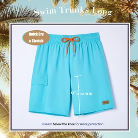 BRISIRA Mens Swim Trunks Bathing Suit 9 Inch Inseam Compression Liner Beach Long Board Shorts Swimsuit Anti-Chafe Quick Dry Lightblue