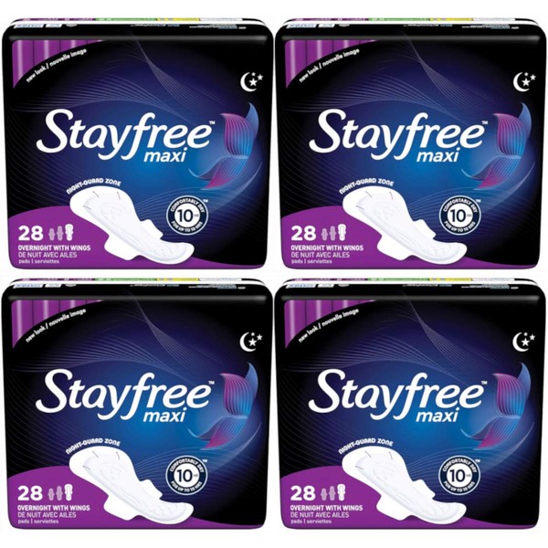 Stayfree Maxi Pads Overnight with Wings, 28 Pads each (Value Pack of 4)