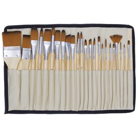 Jerry Q Art 24 Pcs Artist Paint Brush Set with Free Carry Pouch for Watercolor, Acrylic, Oil and All Media, Suitable for Canvas, Paper, Ceramic, Golden Nylon Hair, Wood Handles JQ-B24