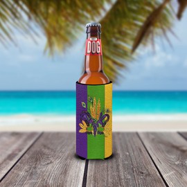 Caroline's Treasures 8364MUK Mardi Gras Feathered Mask Ultra Hugger for Slim cans Can Cooler Sleeve Hugger Machine Washable Drink Sleeve Hugger Collapsible Insulator Beverage Insulated Holder