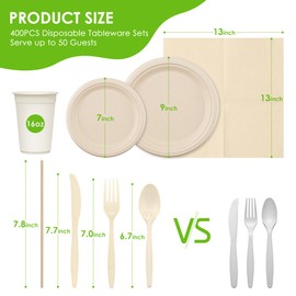 FEHHTO 400PCS Disposable Paper Plates Set, Compostable Eco-friendly Dinnerware Set, Biodegradable Heavy-Duty Paper Plates, Utensils, Cups and Straws for Party Camping Natural Brown