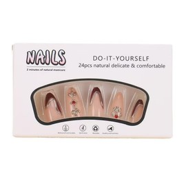 Red French Tip Press on Nails Gold Edge Fake Nails Medium Almond False Nails with Rhinestone Design Flower Glue on Nails Artificial Acrylic Nail Full Cover Nude Stick on Nails for Women Manicure 24Pcs