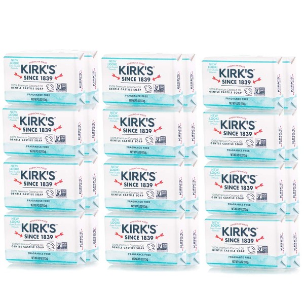 Castile Bar Soap by Kirk’s | Clean Soap for Men, Women & Children | Premium Coconut Oil | Sensitive Skin Formula, Vegan | Fragrance-Free/Unscented | 4 oz. Bars - 24 Pack