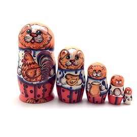 Orange Cat with Chiken Nesting Dolls Russian Hand Carved Hand Painted 5 Piece Matryoshka Set