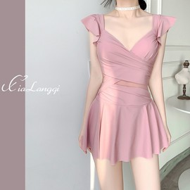 Women's Stylish Short-Sleeve One-Piece Swim Dress - Tummy Control, Modest Style, Plus Size R57 M (45.00 Kg-50.00 Kg/Pink 2ea