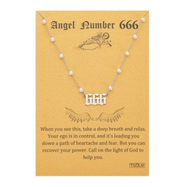 666 Necklace Stainless Steel Faux Pearl Choker Angel Number Chain Gift for Women Girl 16" Silver Tone