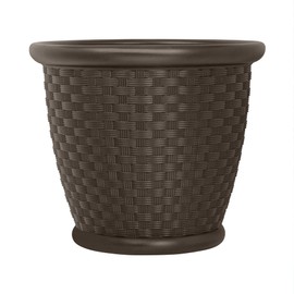 Suncast Sonora 22 Inch Plastic Wicker Indoor or Outdoor Decorative Garden Flower Planter for Entryways, Porch, and Backyard Patios, Dark Brown