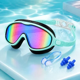 Wide-View Kids Swimming Goggles with Anti-Fog Lens, UV Protection, Leak-Resistant Silicone Seal, Adjustable Strap, Nose Clip, Ear Plugs and Storage Case for Boys and Girls Ages 3–15