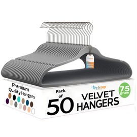 Techzoo Premium Velvet Hangers 50 Pack Ultra Thin Non Slip Adult Felt Space Saving Slim Suit Hanger for Closet Heavy Duty Coat Pants Jackets Dress Hangers 360° Swivel Hook Hold Upto 10 lbs Gray