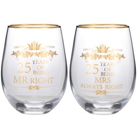 COFOZA Set of 2 25th Wedding Anniversary 15 Ounces Wine Glasses Tumblers Mr Right Mrs Always Right 25 Years Anniversary Cups Present for Couples Parents Gifts