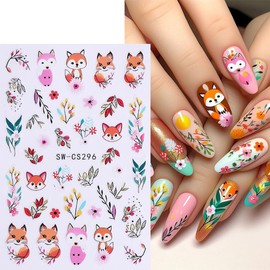 4 Sheets Autumn Nail Stickers for Nail Art - Flower Nail Art Stickers 3D Self Adhesive Maple Leaf Pumpkin Cartoon Fox Flower Plants Nail Decals Manicure Supplies for Wome