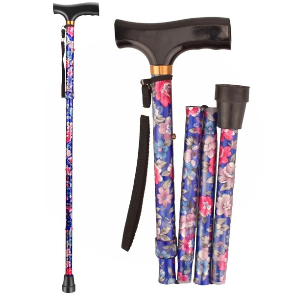 Foldable Walking Cane, Portable Hand Walking Stic, Walking Cane with Smooth Wood Handle, Adjustable Walking Cane, Folding Cane for Men & Women, Collapsible Canes for Seniors (Blue)
