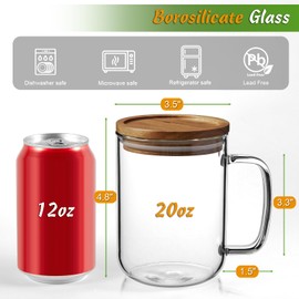 DRASTAR Glass Coffee Mugs, 20 oz Large Iced Coffee Cups, Flat Bottomed Cups with Acacia Wood Lid, Glass Tea Cup with Handle, Clear Tea Cup Set of 1