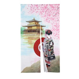 RLoncomix Japanese Noren Doorway Curtain Kyoto Geisha Girls with Temple Cherry Blossom Kitchen Door Curtain Tapestry for Home Decoration 33 x 59 inch