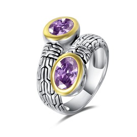 UNY JEWEL Jewelry Ring Multi Strand Foxtail Chain Woven Pattern Inlay 6 by 8 Oval CZ Vintage Antique Two Tone Elegant Designer Inspired Ring (Size 8 Purple)