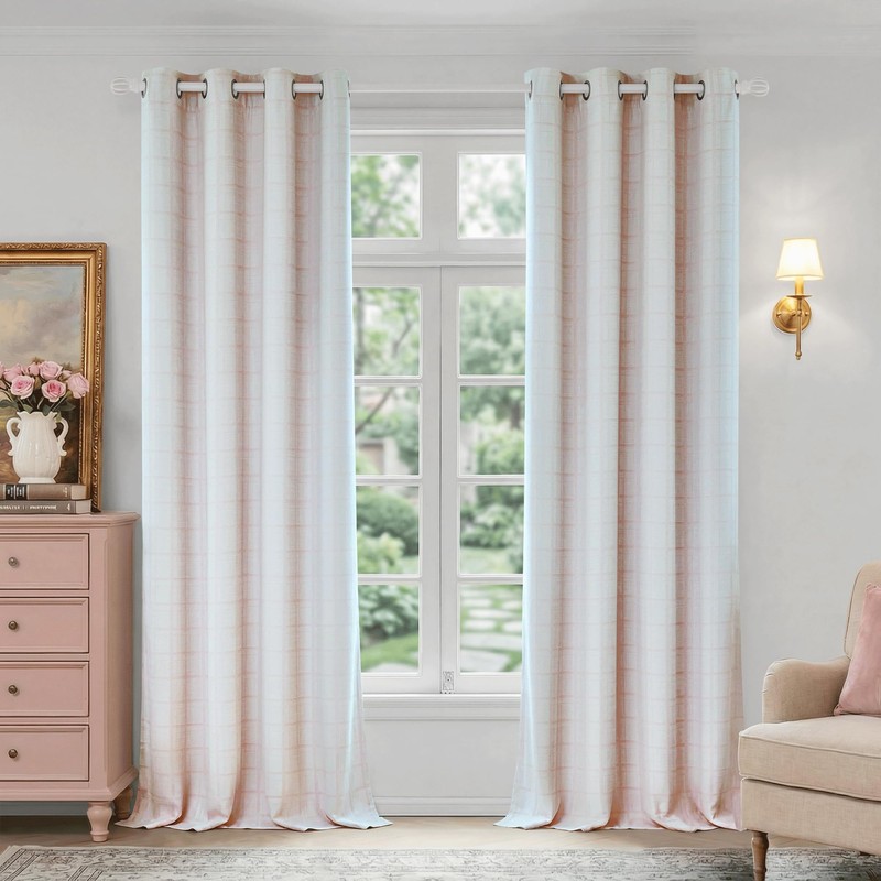 Pink Plaid Jacquard Blackout Curtains for Bedroom 52x72 2 Panels